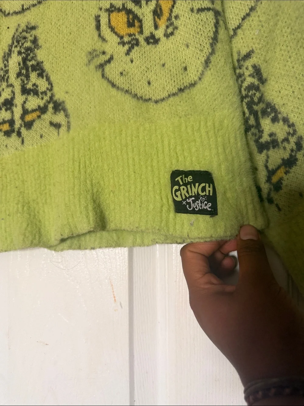 Justice Lime Green Grinch Face Knit Sweater with Yellow Eyes